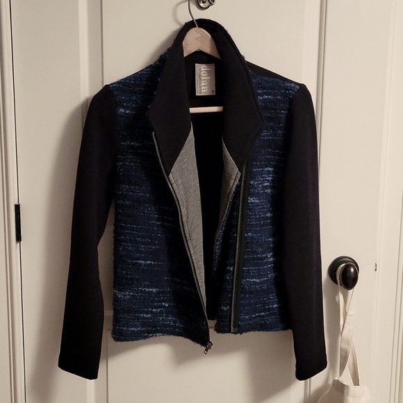 Dolan Left Coast Collection Anthropologie Blue Tweed Moto Jacket, Size Medium - Picture 1 of 6